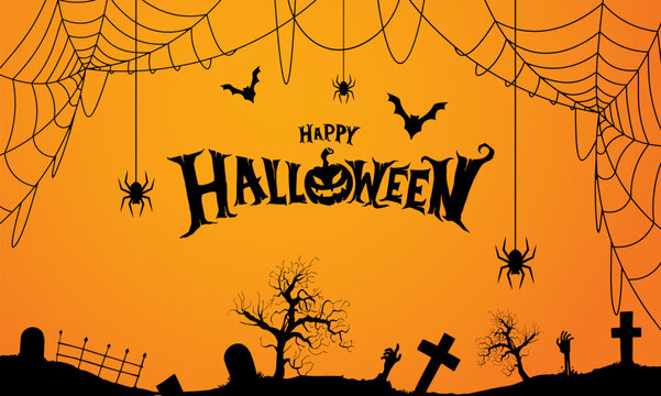 Happy halloween. Background design for halloween poster or decor. Vector happy halloween lettering and spider webs.
