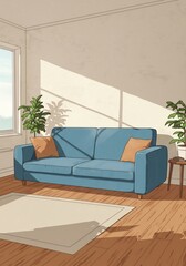 Fototapeta premium Sunlit Living Room Cozy Sofa Illustration. AI Generated
