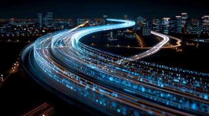 Futuristic nighttime cityscape with digital highway and glowing lights