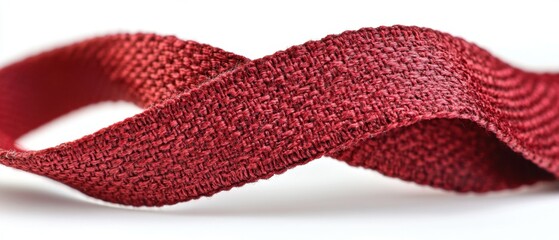Detailed Close Up of a Woven Red Fabric Ribbon on a White Background Showing Texture and Pattern for Crafts and Design Projects with a Soft Focus