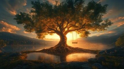 Fototapeta premium Majestic tree by a tranquil lake at sunset