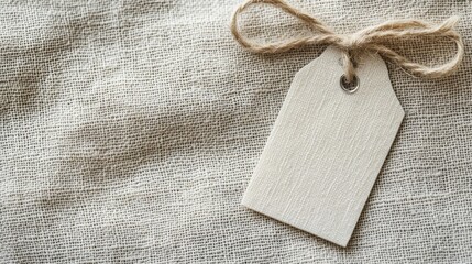 A blank tag lies on a textured, neutral-colored fabric, offering a perfect surface for personalization or branding ideas. The simple design invites creativity and use in various projects
