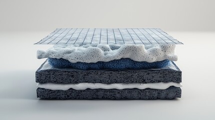 Abstract geometric composition with layers of textured material and grid pattern