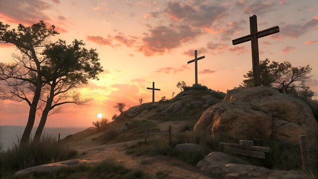 Three crosses on a hill at sunset religious easter background christian faith crucifixion good friday concept
