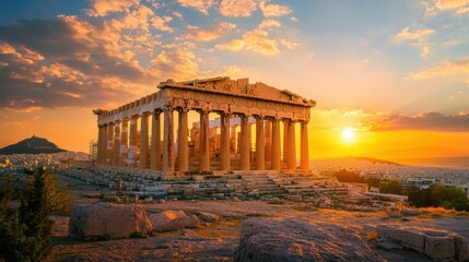 Fototapeta premium The Parthenon stands majestically as the sun sets behind it, casting a warm glow on its columns. The vibrant sky adds to the beauty of Athens' historic landscape
