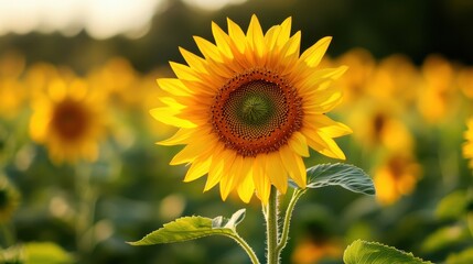 Fototapeta premium A single sunflower blooms prominently among a sea of sunflowers, basking in the warm sunlight of late afternoon. The scene captures the beauty of nature in full summer bloom