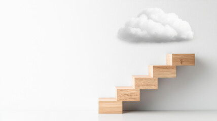 Fototapeta premium 5 steps rising staircase into the clouds, symbolizing business growth and ambition 