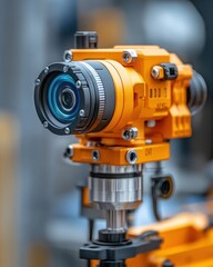 High-resolution close-up of a sophisticated orange seismic sensor with a precision lens captu ground vibrations for geological surveys and advanced monito systems.