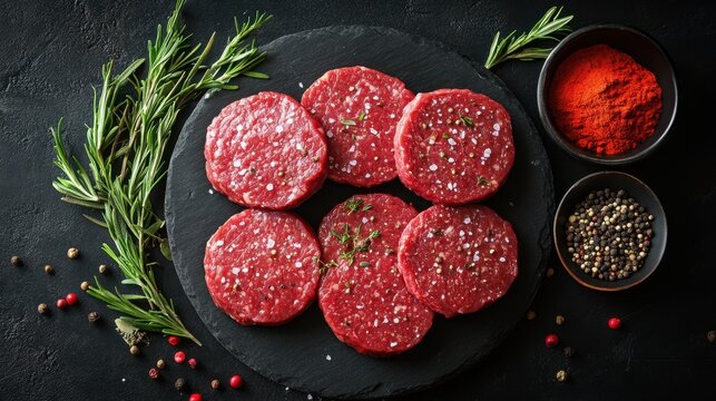 Appetizing Raw Beef Burger Patties Seasoned with Salt and Pepper on Black Slate Plate with Rosemary and Spices Ready for Grilling - Powered by Adobe