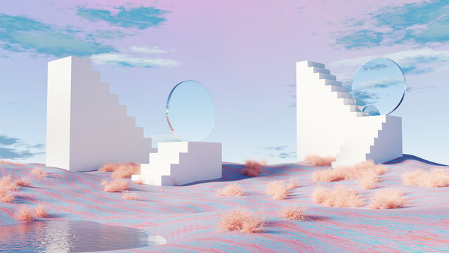 3D render, Surreal stairs leading to reflective circular portals in pastel dreamscape