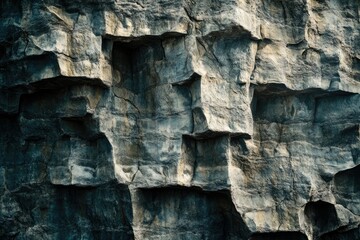 A rugged rock formation reveals deep crevices and a textured surface, presenting a powerful and natural geological landscape.