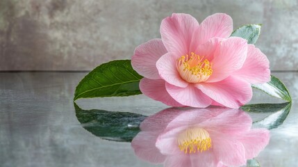 A single pink camellia flower resting on a reflective glass surface.