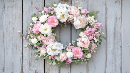 Fototapeta premium A soft pink and white floral wreath arranged on a rustic wooden door.