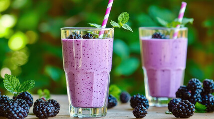 Creamy berry smoothie in tall glasses garnished with mint and blackberries, perfect for refreshing drink
