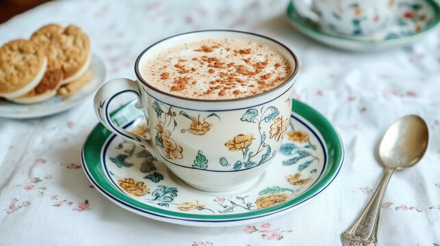 Aesthetic cup of oat milk latte topped with cinnamon dust, served with cookies on floral tablecloth - Powered by Adobe