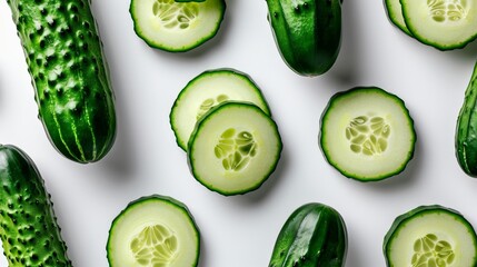 Fresh sliced and whole cucumbers on white background