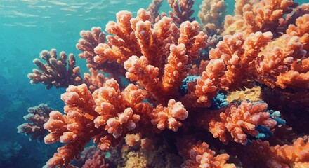 Naklejka premium Vibrant coral reef underwater scene bathed in sunlight showing rich textures and colors. AI Generated
