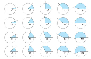 Angles degrees template set. Collection of Geometry and mathematics symbol. Measure rotation design element. Kit of angles 10, 20, 30, 40, 50, 60, 70, 80, 90, 100, 110, 120, 130, 140, 150, 160 170 180