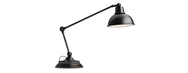 Stylish black desk lamp with adjustable arm for modern workspaces, perfect for enhancing productivity. isolated on a transparent or white background
