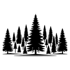Obraz premium Pine tree silhouettes. Evergreen forest firs and spruces black shapes, wild nature trees templates. Vector illustration woodland trees set on white background