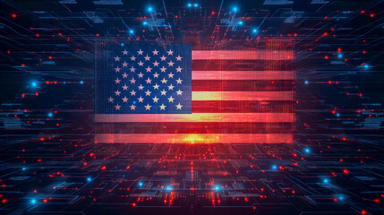 The digital flag of the United States of America. The flag is made in dark blue and bright red tones, using a texture resembling a digital grid or microcircuit.