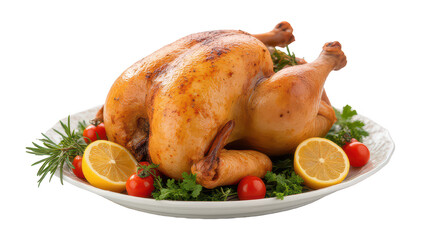 Roasted Chicken with Lemon and Herbs on White Platter