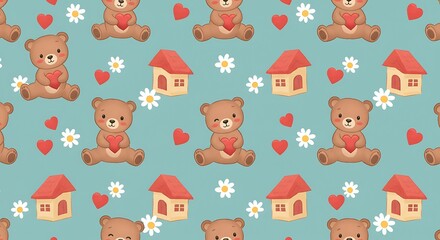 Sweet Teddy Bears & Cozy Homes: Charming Teal Pattern AI Generated