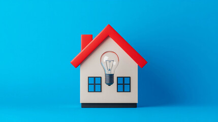 A house with a red roof and white walls on a blue background. An incandescent light bulb is depicted instead of a door in the house.