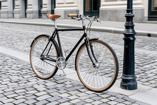 Classic black bicycle on cobblestone street in urban setting - Powered by Adobe