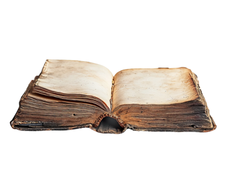 An antique open book with worn pages, symbolizing history and knowledge. isolated on a transparent or white background