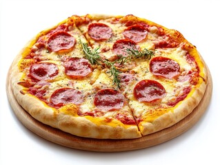Delicious pepperoni pizza with melted cheese and fresh rosemary on wooden board studio shot food photography