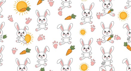Obraz premium Happy Bunnies: Sunny Day Cartoon Pattern AI Generated