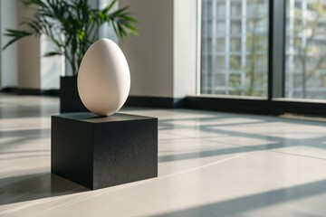 Minimalist egg display on black pedestal in modern sunlit room with green plant