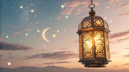 "A magical golden Ramadan lantern glowing with intricate arabesque patterns, floating in mid-air against a dreamy twilight sky filled with crescent moons and stars."