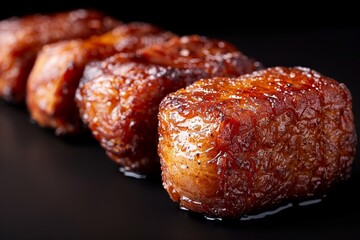 Close-up of glazed pork belly with caramelized texture on black background