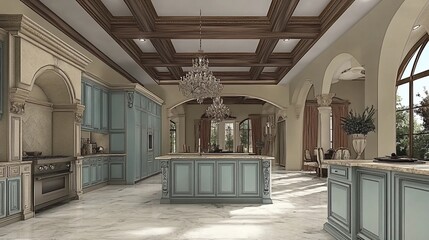 Spacious, elegant kitchen with intricate details