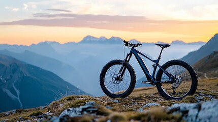 Fototapeta premium Mountain bike at sunset in majestic alpine landscape