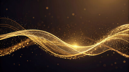 "A mesmerizing golden particle wave flowing like liquid energy, illuminated by soft ambient light, against a dark gradient backdrop with subtle depth of field."