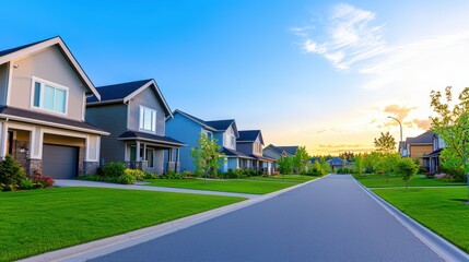 Naklejka premium A serene suburban street lined with well-maintained homes, lush green lawns, and a vibrant sky at sunset.