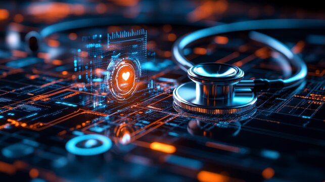 Futuristic Health Technology with Stethoscope and Digital Heart Monitor