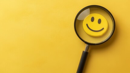 Magnifying glass focused on yellow smiley face on vibrant yellow background