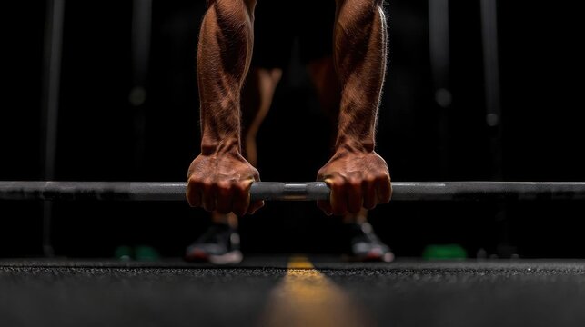 Close-up of a person's hands holding a barbell in a gym. the person is in the middle of a pull-up exercise, with their hands gripping the barbell tightly.