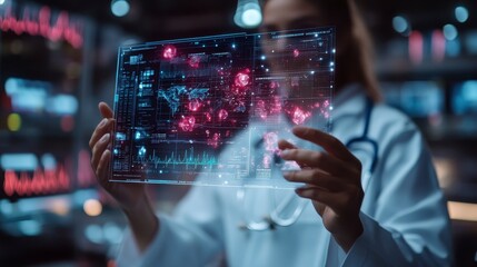 Doctor Analyzing Digital Medical Data on Transparent Display Screen