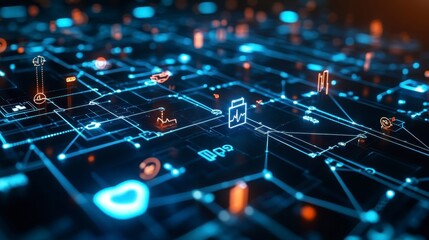 Obraz premium Abstract Digital Technology Network with Neon Graphics and Icons