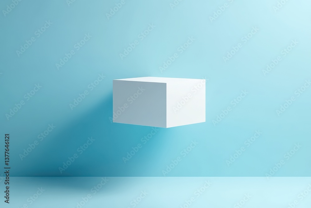 Poster floating white cube against a light blue background creates a minimalist artistic effect in a modern