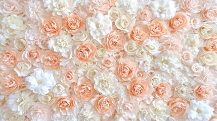 A vibrant arrangement of peach and white flowers, creating a lush, decorative backdrop filled with intricate floral details.
