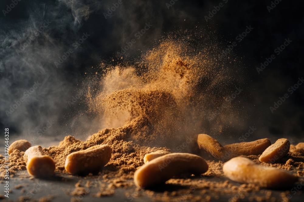 Poster ground spices create a flavorful cloud in a dark kitchen setting during cooking preparation