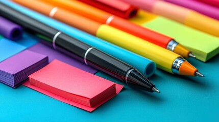 Fototapeta premium Colorful Stationery Items Arrangement with Pens and Sticky Notes