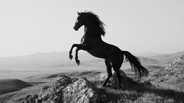 Majestic black horse rearing on rocky hillside in serene landscape - Powered by Adobe