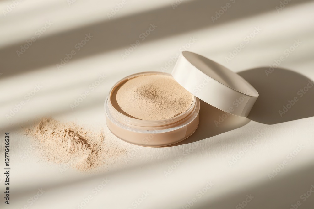 Poster natural loose powder cosmetics in a light setting on a wooden surface with soft shadows